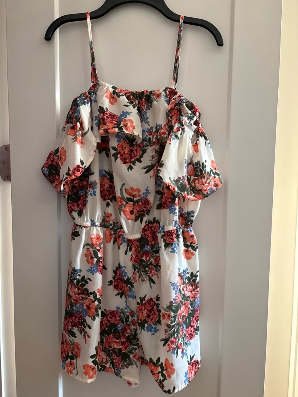 Floral Off-Shoulder Romper- White with Pink & Blue Flowers